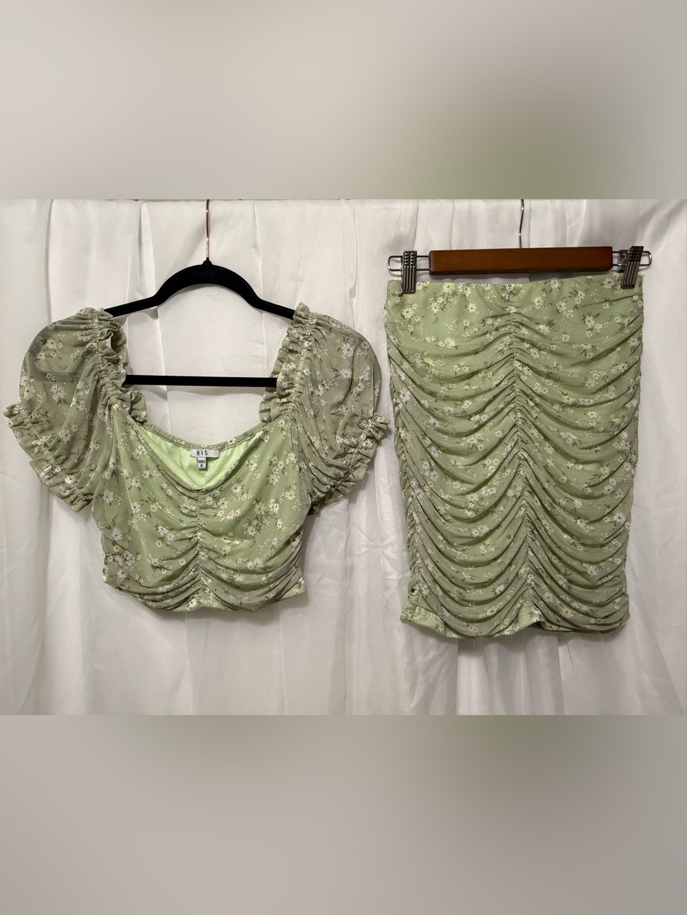 Ruched Floral Midi Skirt in Light Green